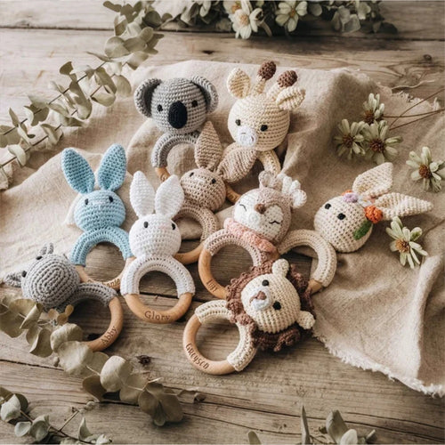 Personalized Animal Baby Rattle Baby Shower Gifts Custom Wooden Baby Rattle Crochet Rattle Toy Newborn Gifts Gift for Nephew Niece