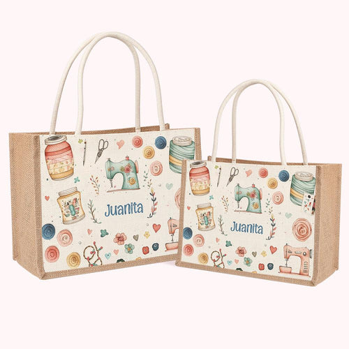 Personalized Sewing Theme Jute Tote Bag with Name Birthday Mother's Day Gift for Sewing Lover