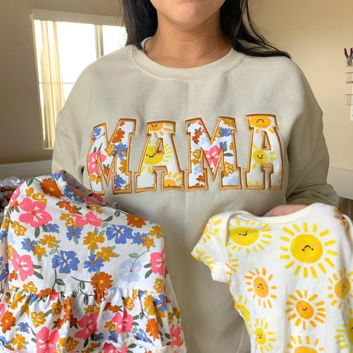 MAMA Keepsake Sweatshirt with Baby Clothes Keepsake Idea Custom Mothers Day Gift Personalized Gift Idea for Grandma Baby Outfit Mom Gift