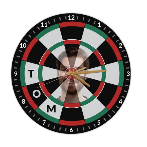 Personalized Photo And Name - Customized Dart Board Wall Clock - Funny Game Room Decor - Gift for Dart Board Lover