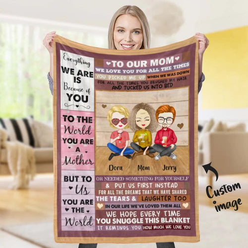 Personalized Mother Blanket Custom Cartoon Clipart Mom and Kids To My Mom