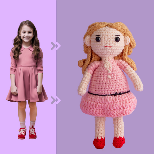 Full Body Customizable 1 Person Custom Crochet Doll Personalized Gifts Handwoven Mini Dolls - Girl in Pink Skirt - FaceSocksUsa