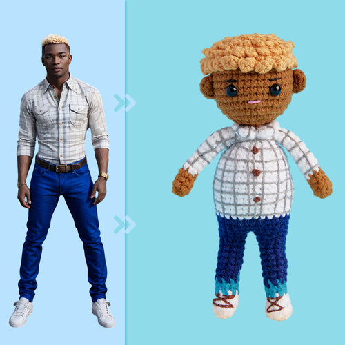 Full Body Customizable 1 Person Custom Crochet Doll Personalized Gifts Handwoven Mini Dolls - Plaid Shirt Boys - FaceSocksUsa