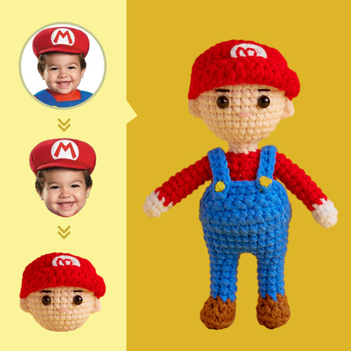 Custom Face Crochet Doll Personalized Gifts Handwoven Mini Dolls - Mario - FaceSocksUsa