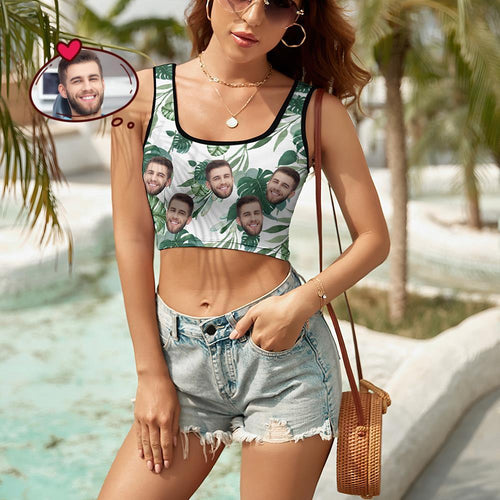 Custom Women's Photo Short Vest Personalized Face Tank Top Crop Top - Green Leaves