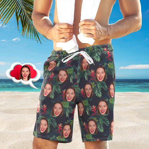 Men's Custom Face Beach Trunks All Over Print Photo Shorts - Tropical Leaves