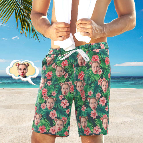 Men's Custom Face Beach Trunks All Over Print Photo Shorts - Green Leaves And Flowers