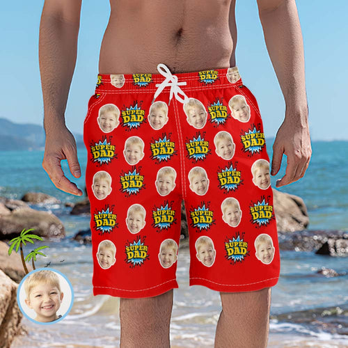 Custom Beach Shorts Photo Red Swim Trunks Father's Day Gift - Super Dad