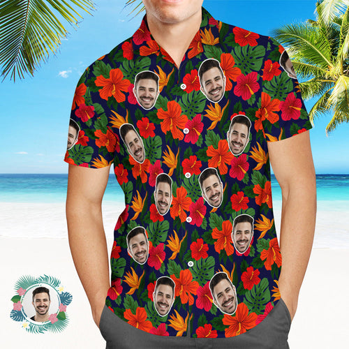 Custom Men's Shirt Face All Over Print Hawaiian Shirt Hibiscus Gifts - FaceSocksUsa