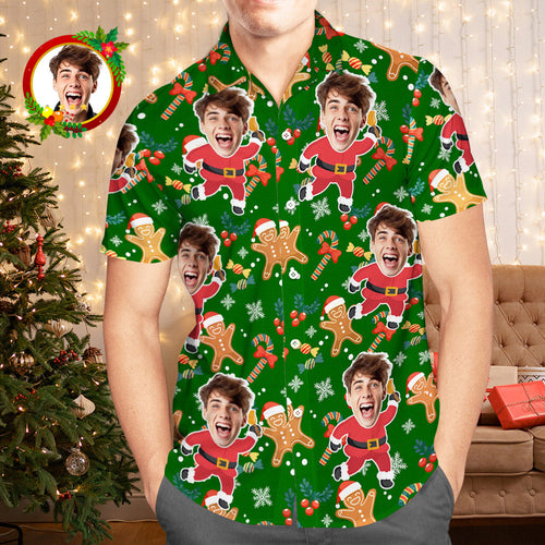 Custom Face Hawaiian Shirt Santa Gingerbread Man Men's Christmas Shirts - FaceSocksUsa