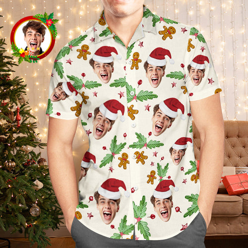 Custom Face Hawaiian Shirt Candy Cane Gingerbread Men's Christmas Shirts - FaceSocksUsa