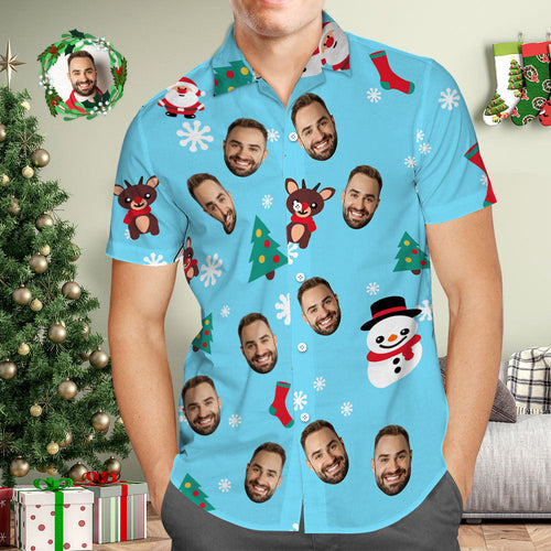Custom Face Hawaiian Shirt Personalized Photo Blue Hawaiian Shirts Snowman and Elk Christmas Gift for Him