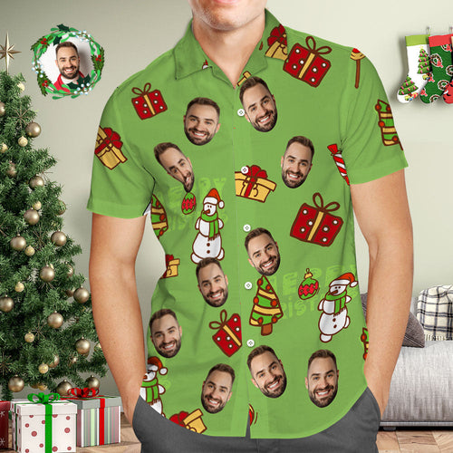 Custom Face Hawaiian Shirt Personalized Photo Green Hawaiian Shirts Snowman and Christmas Gift for Him