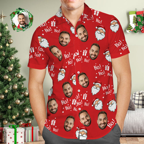 Custom Face Men's Hawaiian Shirt Personalized Photo Red Hawaiian Shirts Santa Claus HOHOHO Merry Christmas