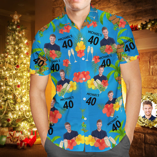Custom Your Own Face Birthday Hawaiian Shirt Custom Date and Name Yellow and Red Flowers Shirt
