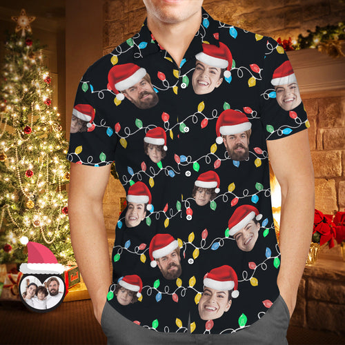 Custom Face Men's Hawaiian Shirt Personalized Photo Christmas Family Xmas Leds Aloha Shirts