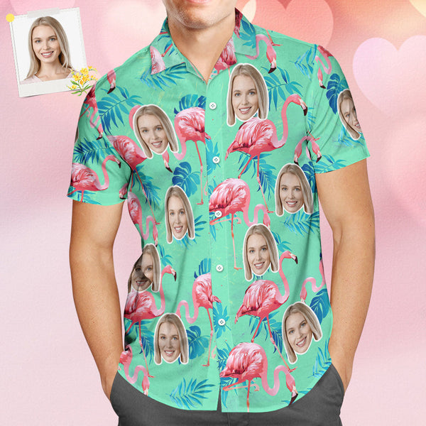 Custom Face Hawaiian Shirt Flamingo Tropical Shirt For Men ALL Over Printed Green and Palm Leaves - FaceSocksUSA
