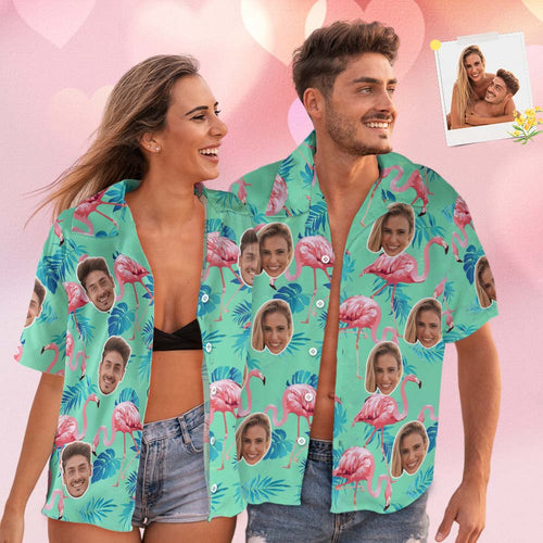 Custom Face Hawaiian Shirt Flamingo Tropical Shirt Couple Outfit ALL Over Printed Green and Palm Leaves - FaceSocksUSA