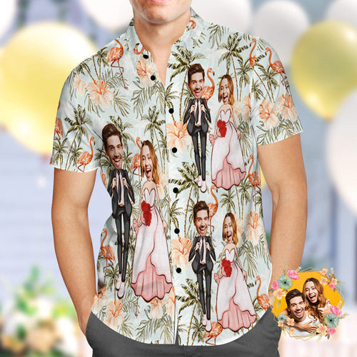 Custom Hawaiian Shirt Personalized Flamingo and Coconut Trees Wedding Hawaiian Shirt