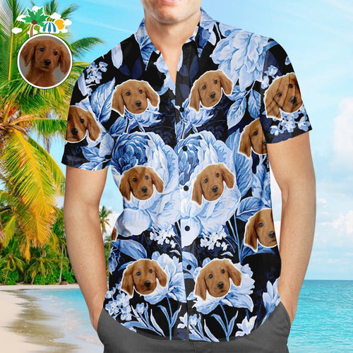 Custom Face Hawaiian Shirt Tropical Blue Retro Flower Men's Popular All Over Print Hawaiian Beach Shirt Holiday Gift - PetGiftsCustom