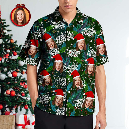 Custom Face Hawaiian Shirts Personalized Photo Gift Men's Christmas Shirts Flower and Leaves
