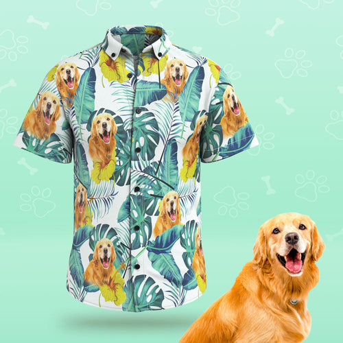 Custom Face Men Hawaiian Shirts Personalized Cute Dog Face for Pet Lover - Green Leaves