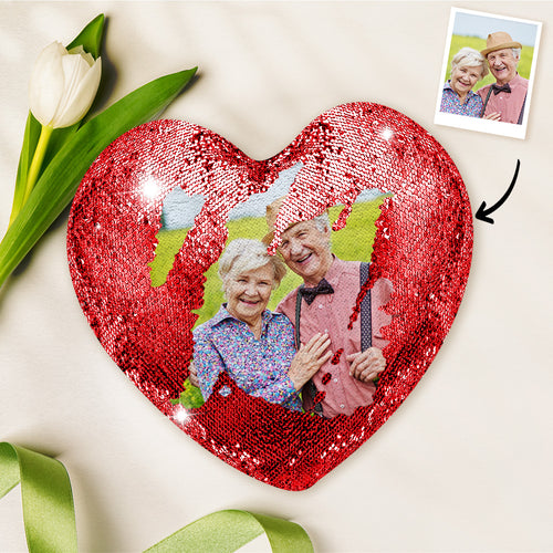 Custom Love Heart Grandkids Photo Magic Sequin Pillow for Grandparents