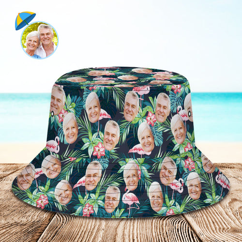 Custom Bucket Hat Personalized Face All Over Print Tropical Flower Print Hawaiian Fisherman Hat Flamingo Grandparents‘ Day Gifts