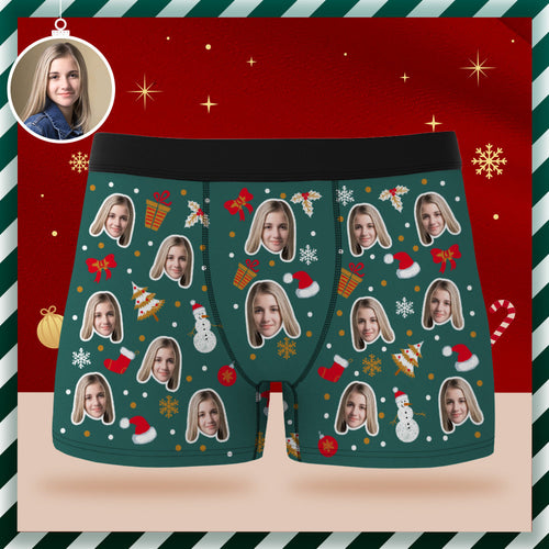 Custom Face Boxer Briefs Personalized Green Underwear Merry Christmas Gift for Him