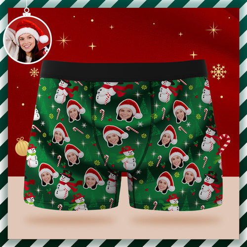 Custom Face Boxer Briefs Personalized Green Underwear Snowman Christmas Gifts for Him
