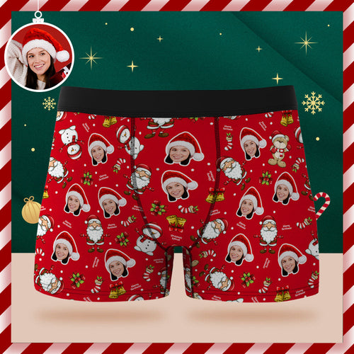 Custom Face Boxer Briefs Personalized Red Underwear Merry Christmas Gifts for Him