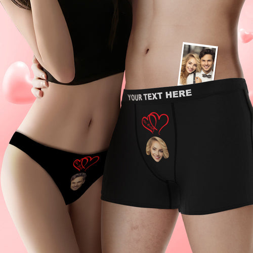 Custom Face Couple Underwear Two Hearts One Love Personalized Underwear Valentine's Day Gift - FaceSocksUSA