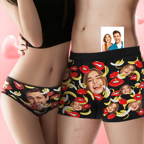 Custom Face Underwear Personalized Eat Banana Boxer Briefs and Panties Valentine's Day Gifts for Couple - FaceSocksUSA