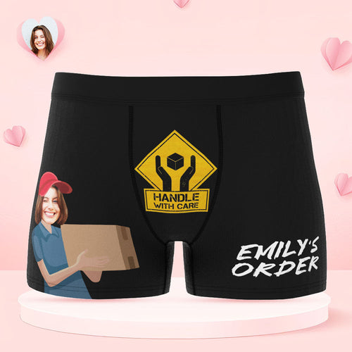 Custom Face Boxer Briefs Personalized Underwear HANDLE WITH CARE Valentine's Day Gifts for Him - FaceSocksUSA