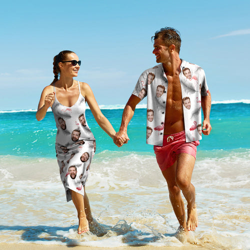 Custom Face Hawaiian Style Feather And Flamingo Long Dress And Shirt Couple Outfit