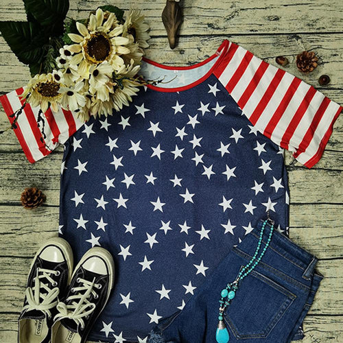 Women's Independence Day Striped Stitching Star Short Sleeve T-shirt
