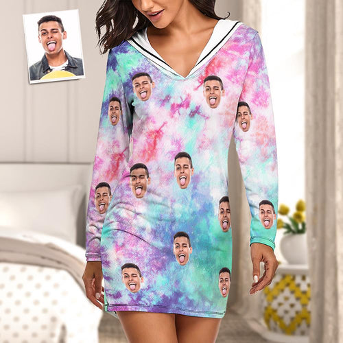 Custom Face Pajamas Women's Pajama Sets Long-sleeved Dress Summer Sleepwear - Tie Dye