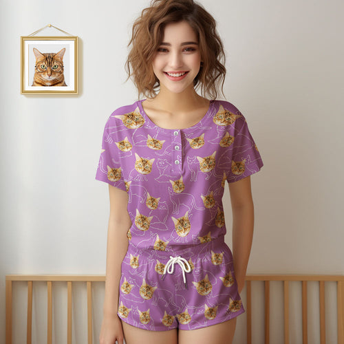 Custom Face Pajamas Cat Face Women Short Pajama Set Gift for Pet Lover - FaceSocksUsa