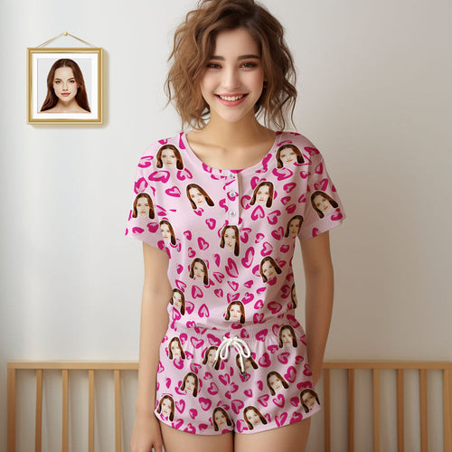 Custom Face Pajamas Women Blue Short Pajama Set Gift Pink Heart - FaceSocksUsa