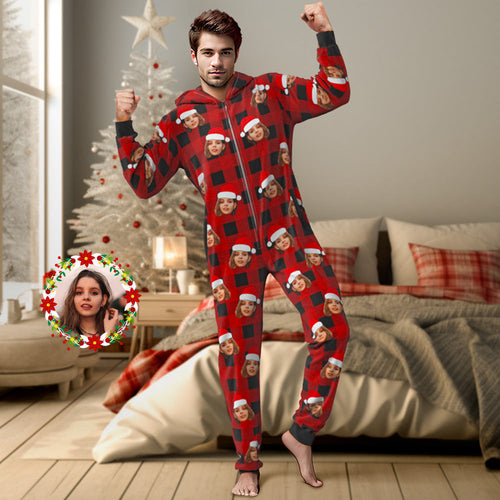 Custom Onesies Photo Pajamas One-Piece Sleepwear Red and Black Plaid Jumpsuit Homewear Christmas Gift