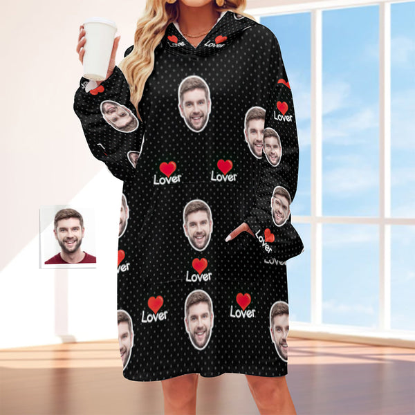 Custom Face Adult Unisex Blanket Hoodie Personalized Blanket Pajama Gift Red Heart for Lover - FaceSocksUsa