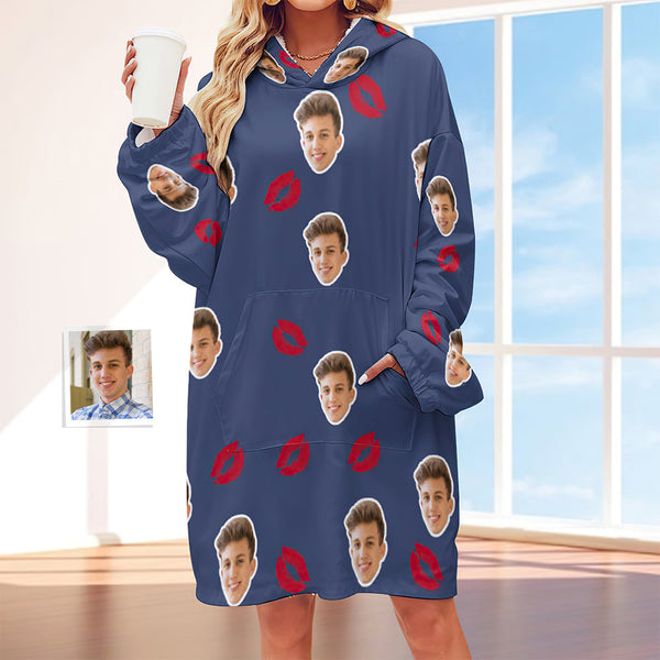 Custom Face Adult Unisex Blanket Hoodie Personalized Blanket Pajama Gift Red Lips - FaceSocksUsa