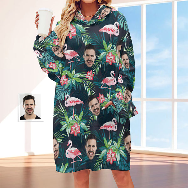 Custom Face Adult Unisex Blanket Hoodie Personalized Blanket Pajama Gift Hawaiian Flamingos - FaceSocksUsa