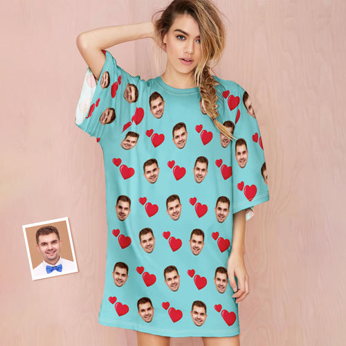 Custom Photo Face Nightdress Personalized Women's Oversized Nightshirt Heart Design Gifts - MyFaceSocks