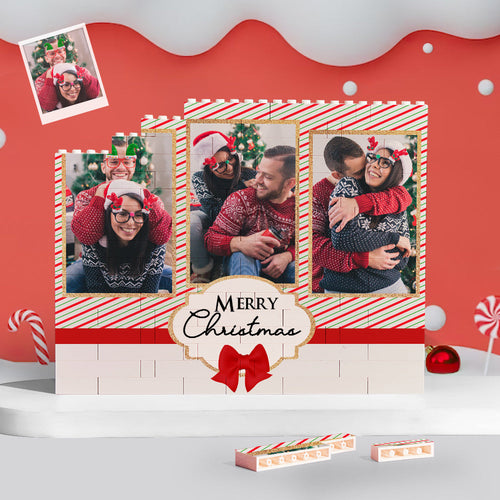 Custom Building Block Puzzle Personalized Horizontal Trio Couple Photo Brick Merry Christmas
