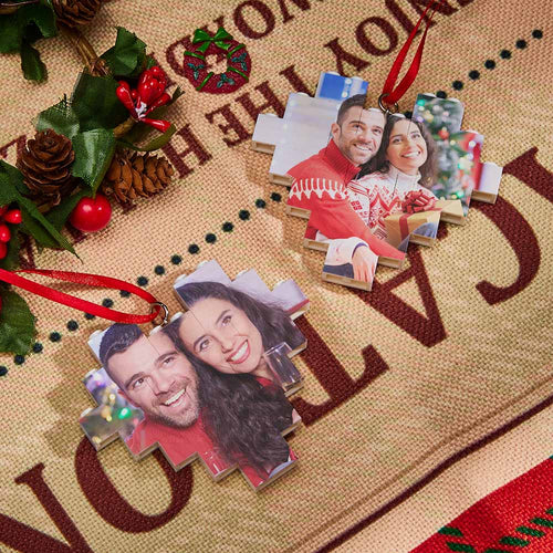 Christmas Ornament Personalized Building Block Puzzle Custom Heart Double Sided Photo Brick - FaceSocksUsa