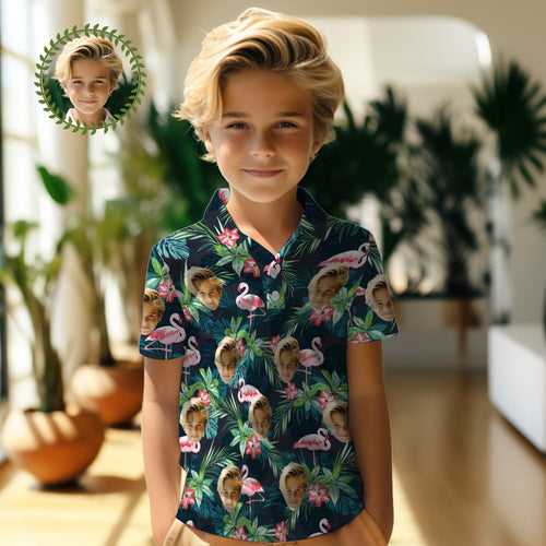 Custom Face Kids Polo Shirts Personalized Photo Hawaiian Style Shirt Flamingo Flower - FaceSocksUsa