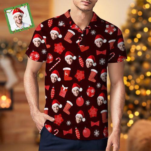 Men's Custom Face Christmas Polo-Shirts Short Sleeve Golf Tees Red Outdoor Sport Tennis Tops - FaceSocksUsa