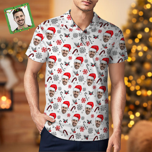 Men's Custom Face Shirt Personalized Face With Christmas Hat Pattern Golf Polo Shirts - FaceSocksUsa