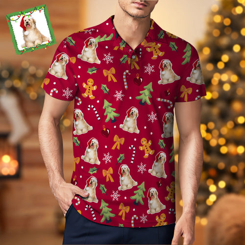 Men's Custom Photo Polo-Shirts Christmas Dogs Short Sleeve Golf Tees Outdoor Sport Tennis Tops - FaceSocksUsa